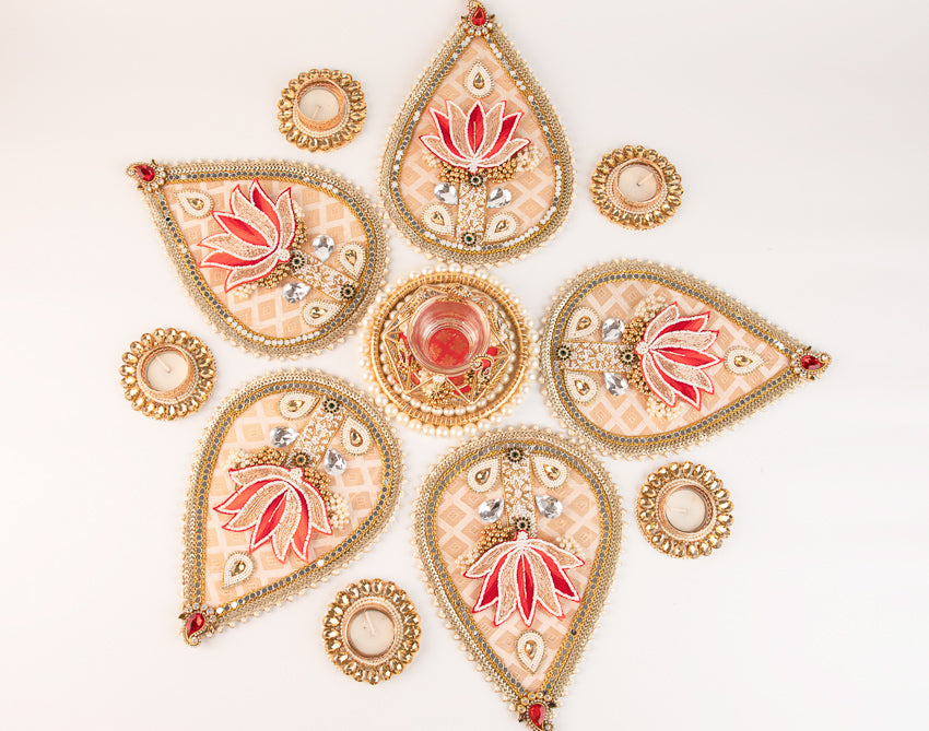 Brocade with Hand embroidered Lotus Rangoli Set