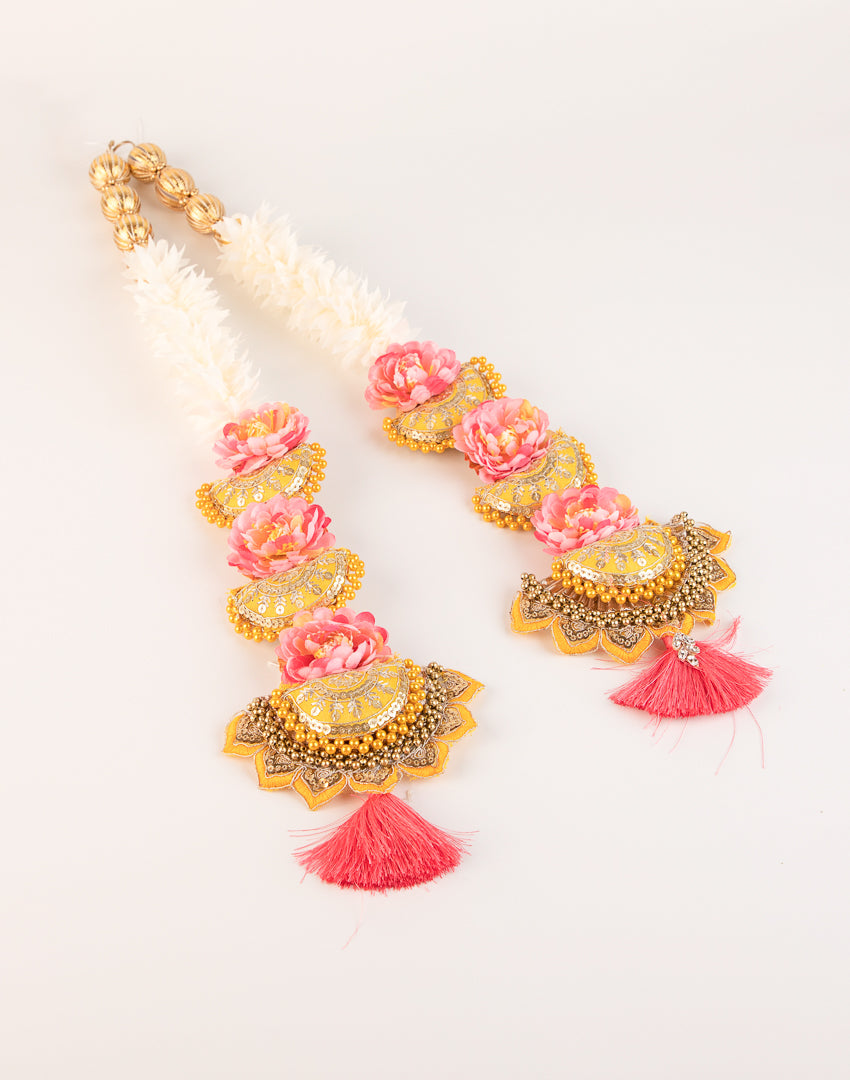 White and pink flowers with yellow and gota patch work